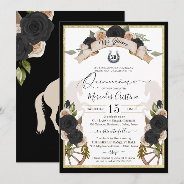 Western Charro Rose & Pferde Quinceanera Einladung (Vorne/Hinten)