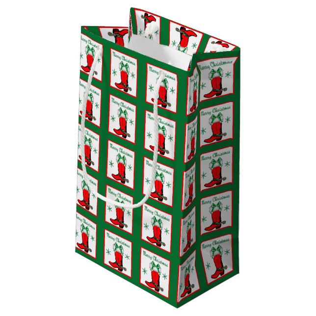 Western Christmas Cowboy Boot Geschenktasche Kleine Geschenktüte (Rückseite Schrägansicht)