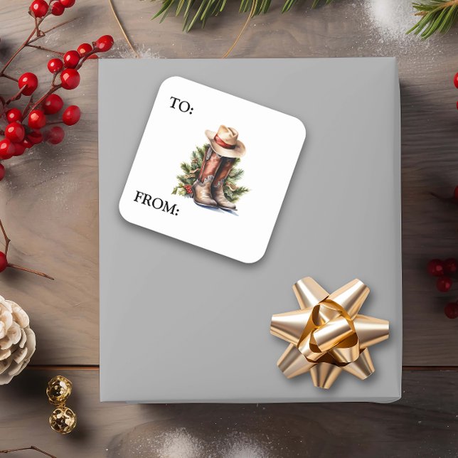 Western Christmas Cowboy Boots Hat Quadratischer Aufkleber (Von Creator hochgeladen)