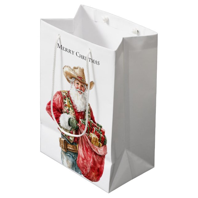 Western Christmas Cowboy Santa Mittlere Geschenktüte (Vorderseite Schrägansicht)