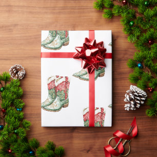 Western Christmas Green Red Cowboy Cowgirl Boots Geschenkpapier