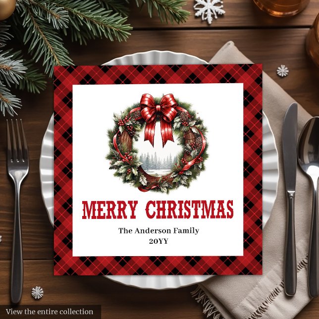 Western Christmas wreath red black buffalo napkins Serviette (Western Christmas wreath red black buffalo napkins)