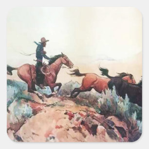 Western "Come A-Runnin" Kunst von Maynard Dixon Quadratischer Aufkleber