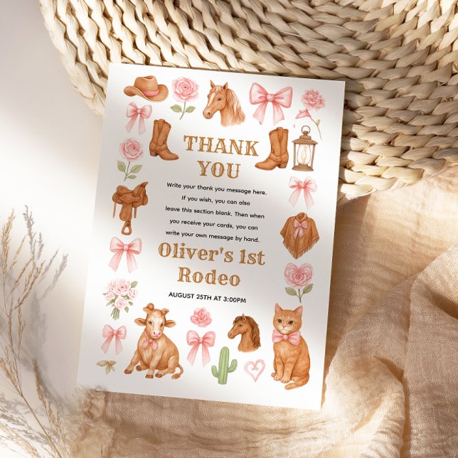 Western Coquette Cowgirl 1st Birthday Cute Pink Dankeskarte (Western Coquette Cowgirl 1st Birthday Cute Pink Thank You Card)