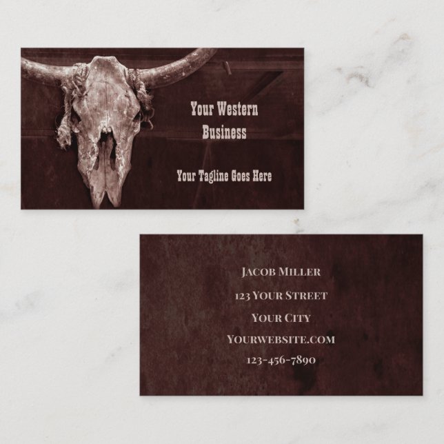 Western Country Brown Rustic Cowboy Bull Kuh Skull Visitenkarte (Vorne/Hinten)