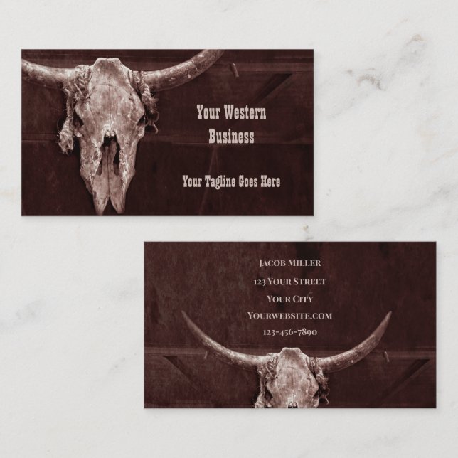 Western Country Brown Rustic Cowboy Bull Kuh Skull Visitenkarte (Vorne/Hinten)
