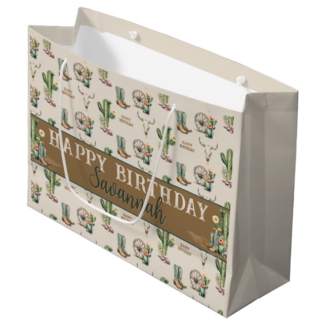 Western Country Cactus Boots Name Happy Birthday Große Geschenktüte (Vorderseite Schrägansicht)