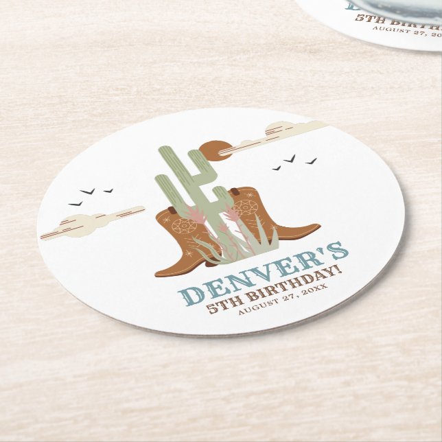 Western Country Cowboy Birthday Rustikal Runder Pappuntersetzer (Angewinkelt)