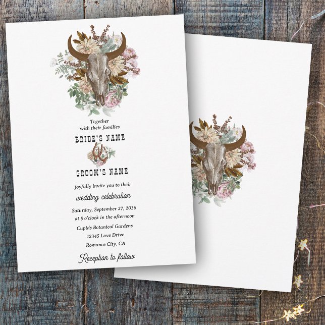 Western Country Cowboy Boho Kuh Skull Hochzeit Einladung (Western Country Cowboy Boho Cow Skull Wedding Invitation)