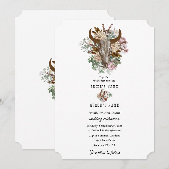 Western Country Cowboy Boho Kuh Skull Hochzeit Einladung (Vorne/Hinten)
