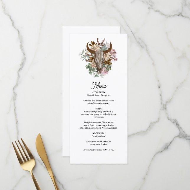 Western Country Cowboy Boho Kuh Skull Hochzeit Menükarte (Vorderseite/Rückseite Beispiel)