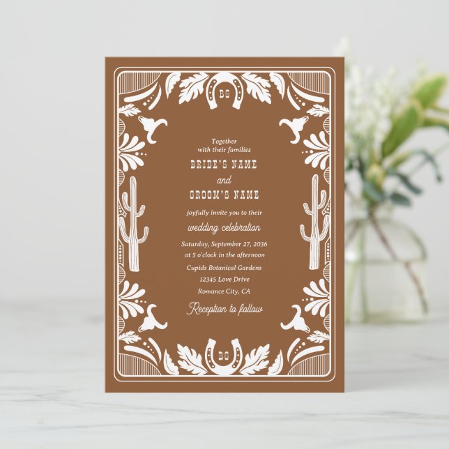 Western Country Cowboy Rustic Wedding Brown Einladung (Stehend Vorderseite)