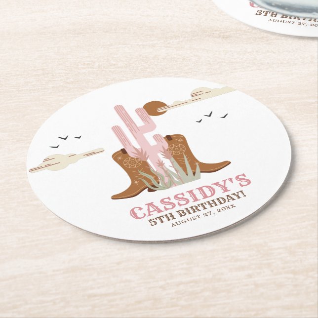 Western Country Cowgirl Birthday Rustikal Runder Pappuntersetzer (Angewinkelt)