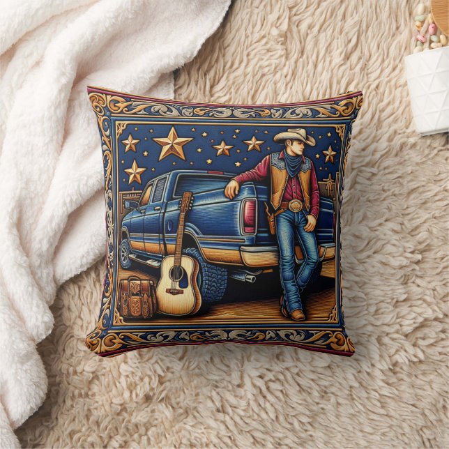 Western Country Singer Gitarre und Truck Blue Kissen (Decke)