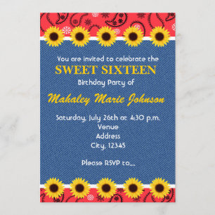 Western Country Sonnenblumen Jeans-Bandana-Party Einladung