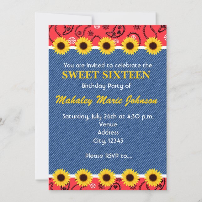 Western Country Sunflowers Denim Bandana Party Einladung (Vorderseite)