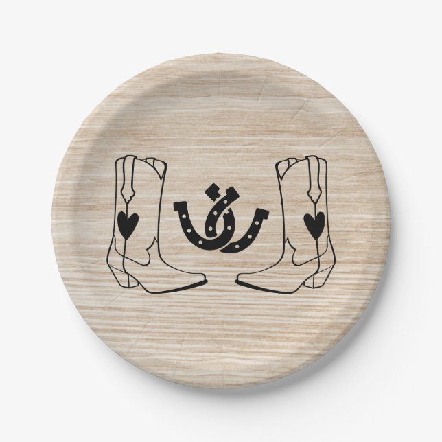 Western Country Wedding Rustic Cowboy Wood Pappteller (Vorderseite)