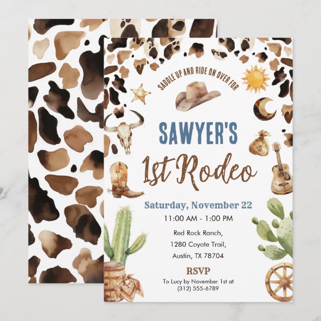 Western Cowboy “1st Rodeo” Birthday Invitation Einladung (Vorne/Hinten)