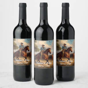 Western Cowboy and Bay Horse Weinetikett
