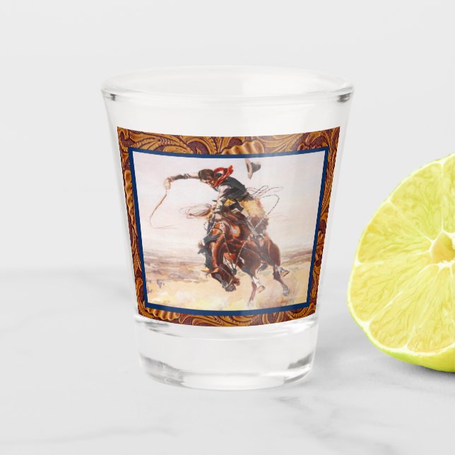 Western-Cowboy auf wildem sträubendem Westpferd Schnapsglas (Vorderseite)