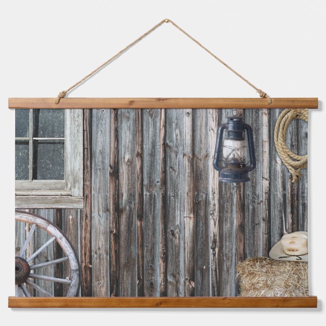 Western Cowboy Barn Tapestry Wandteppich Mit Holzrahmen (Vorne)