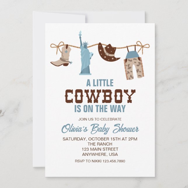 Western Cowboy Blue Kariert Baby Dusche Einladung (Vorderseite)