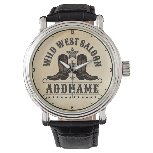 Western Cowboy Boots ADD NAME Sheriff Spurs Saloon Armbanduhr (Vorderseite)