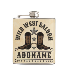 Western Cowboy Boots ADD NAME Sheriff Spurs Saloon Flachmann