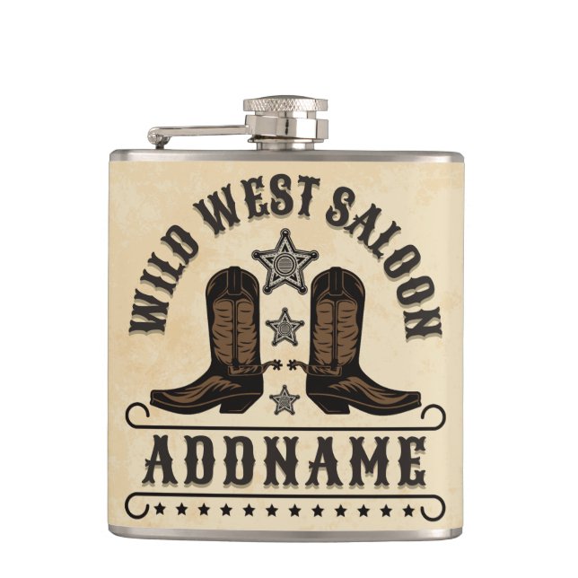 Western Cowboy Boots ADD NAME Sheriff Spurs Saloon Flachmann (Vorderseite)
