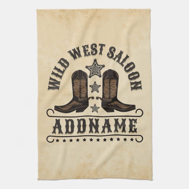 Western Cowboy Boots ADD NAME Sheriff Spurs Saloon Geschirrtuch (Vertikal)