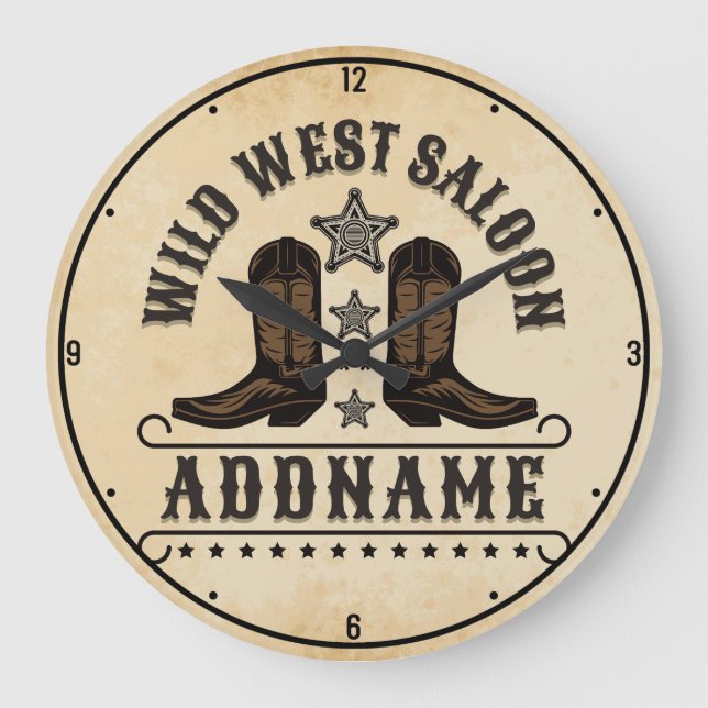 Western Cowboy Boots ADD NAME Sheriff Spurs Saloon Große Wanduhr (Vorderseite)