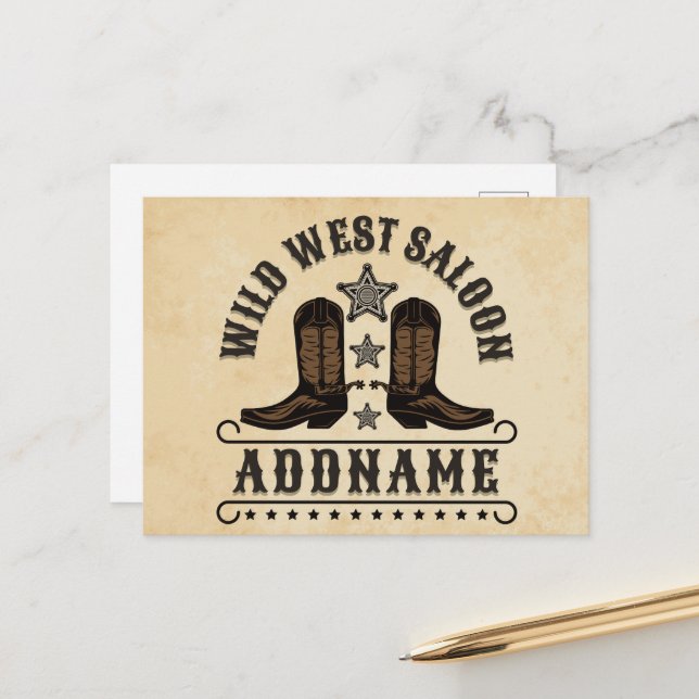 Western Cowboy Boots ADD NAME Sheriff Spurs Saloon Postkarte (Vorderseite/Rückseite Beispiel)