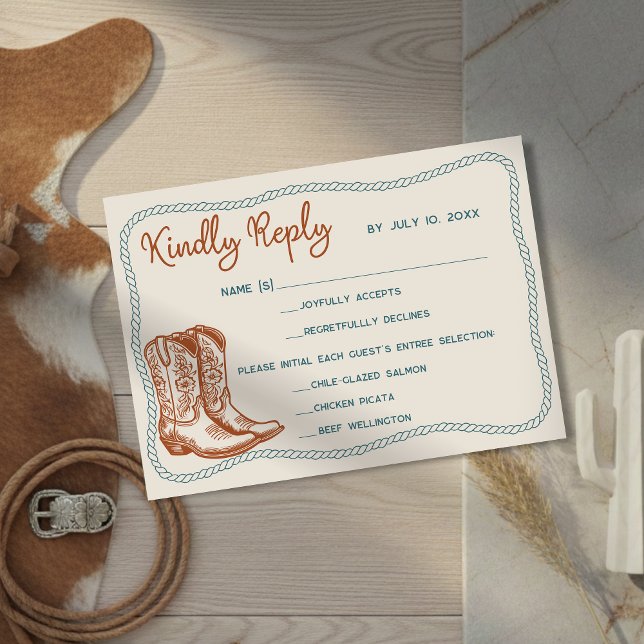 Western Cowboy Boots Barn Wedding Meal Choice RSVP Karte (Von Creator hochgeladen)