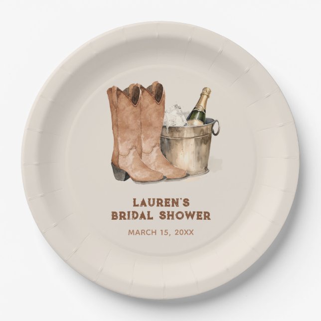 Western Cowboy Boots & Bubbly Brautparty Pappteller (Vorderseite)
