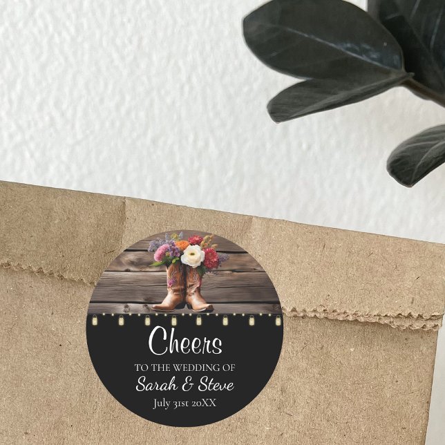 Western Cowboy Boots Floral Elegant Mason Jar Runder Aufkleber (Rustic Wedding Favor Sticker Wildflower Cowboy Boots Ranch)