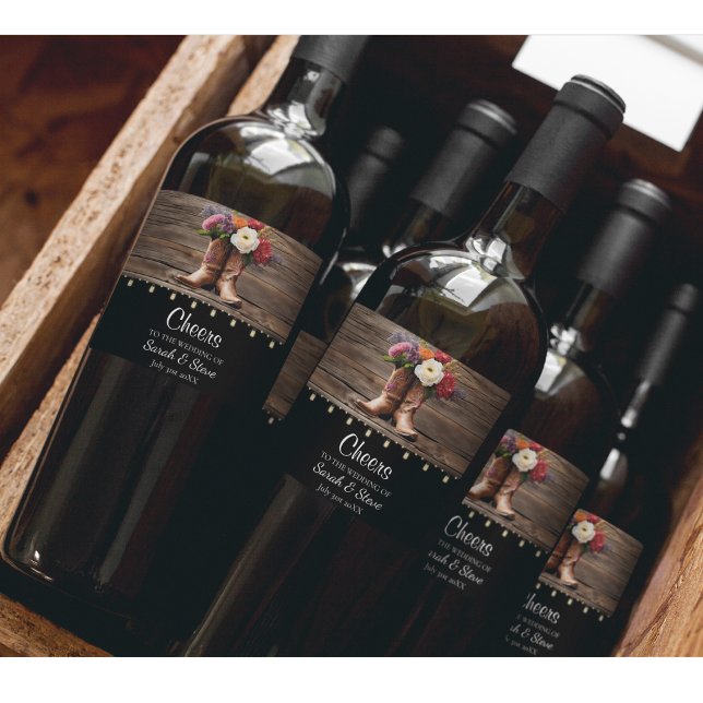 Western Cowboy Boots Floral Elegante Hochzeit Weinetikett (Floral Cowboy Boot Western Wedding Wine Labels)