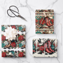 Western Cowboy Boots Hat und Poinsettia Weihnachte Geschenkpapier Set