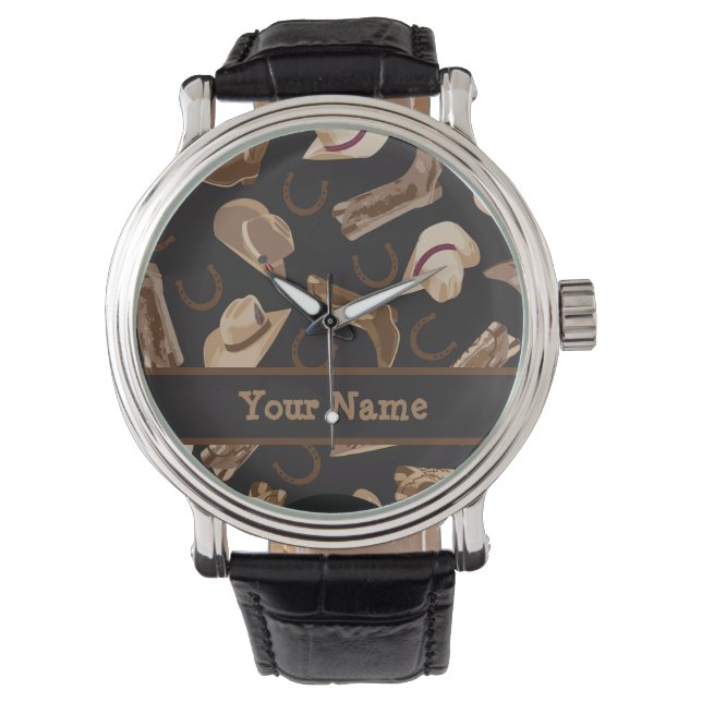 Western Cowboy Boots Hats Black Name Abzeichen Armbanduhr (Vorderseite)