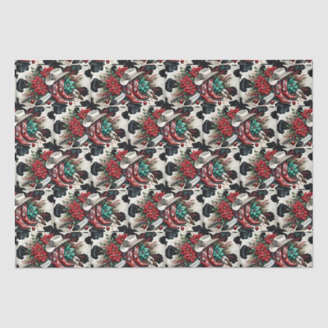 Western Cowboy Boots Holiday Floral Kuh versteckt Seidenpapier (Vorderseite)