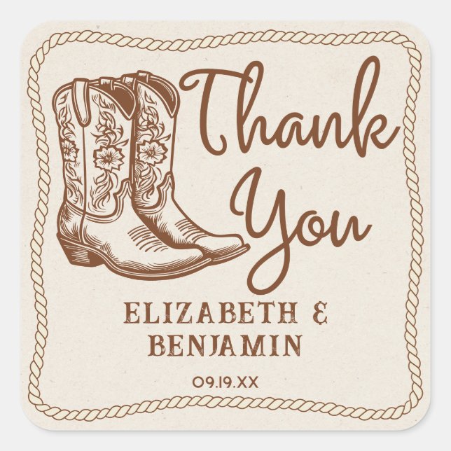 Western Cowboy Boots Lässig Wedding Danke Quadratischer Aufkleber (Vorderseite)