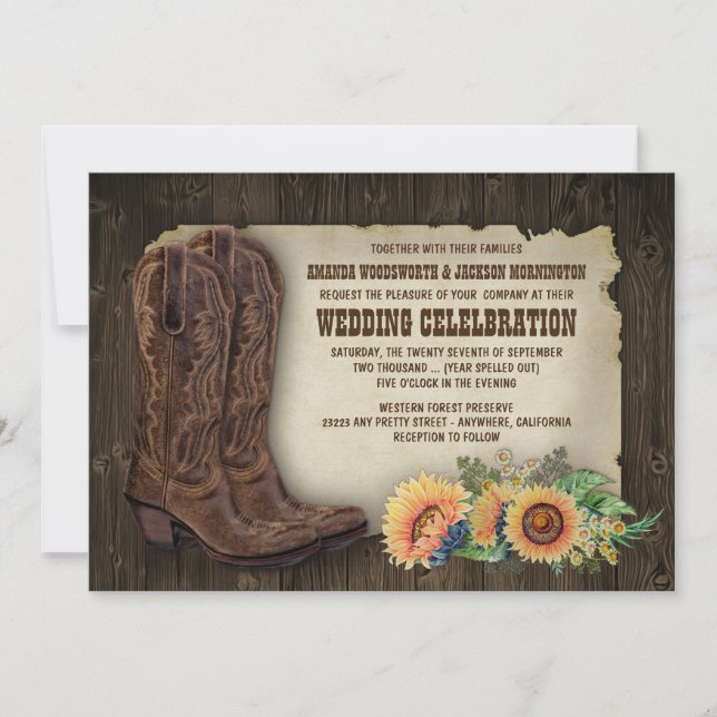 Western Cowboy Boots Sonnenblumen Einladung Hochze (Vorderseite)