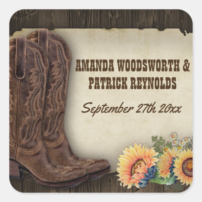 Western Cowboy Boots Sonnenblumen Gastgeschenk Hoc Quadratischer Aufkleber (Vorderseite)
