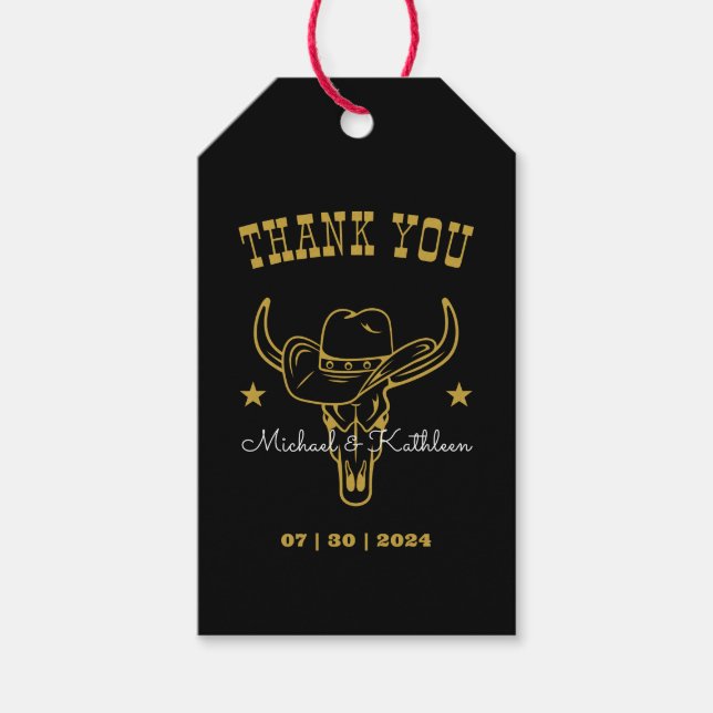 Western Cowboy Bull Skull Rustikale Hochzeit Geschenkanhänger (Vorderseite)