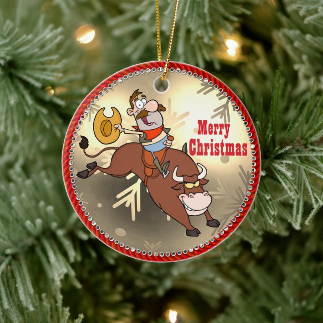 Western Cowboy Cartoon Bull Rider Weihnachten Keramik Ornament (Baum)