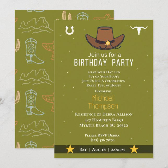 Western Cowboy Casquette Invitation d'anniversaire (Devant / Derrière)