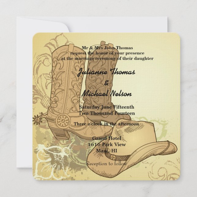 Western Cowboy Cowgirl Boots Hat Wedding Einladung (Vorderseite)