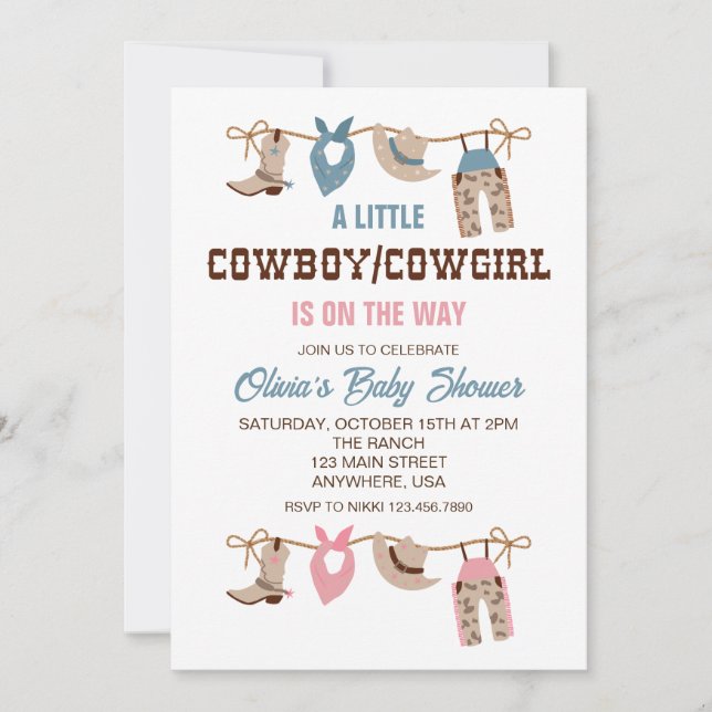 Western Cowboy Cowgirl Gender enthüllt Kinderdusch Einladung (Vorderseite)