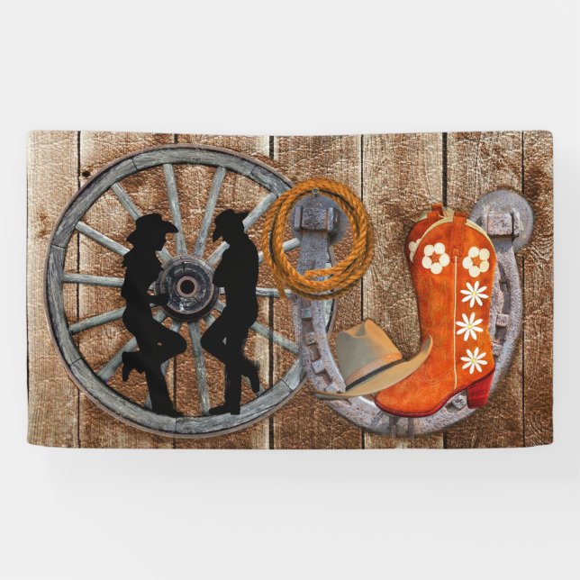 Western Cowboy Cowgirl Horseshoe Wagon Wheel Banner (Horizontal)