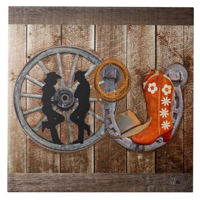 Western Cowboy Cowgirl Horseshoe Wagon Wheel Fliese (Vorderseite)