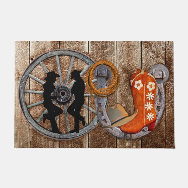 Western Cowboy Cowgirl Horseshoe Wagon Wheel Fußmatte (Vorderseite)